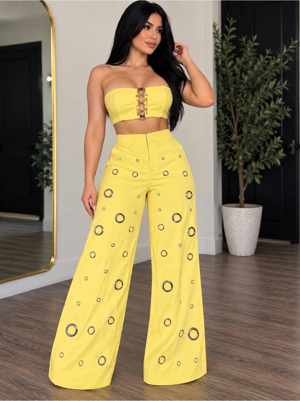 Yellow High-Waist Wide-Leg Eyelet Pants - Women's Two-Piece Set